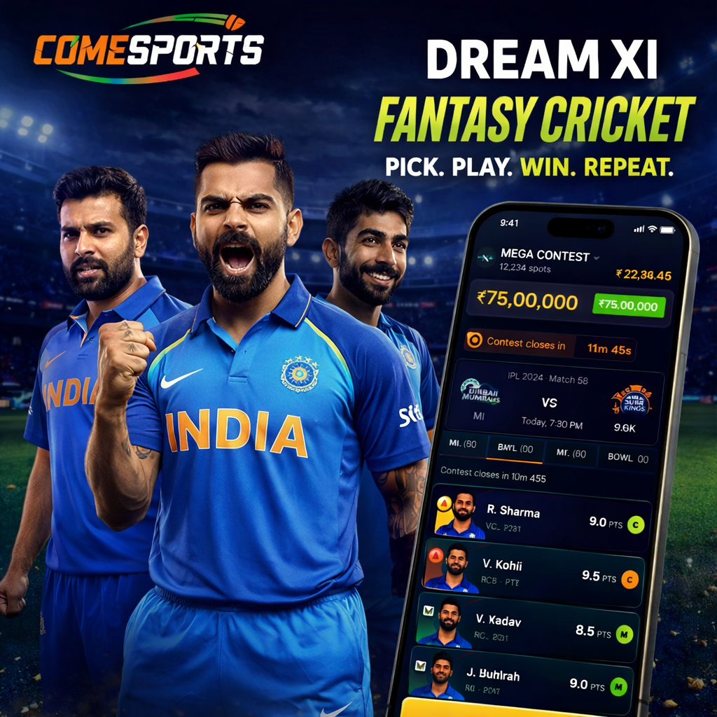 Come Sport Zone fantasy cricket and India team visual